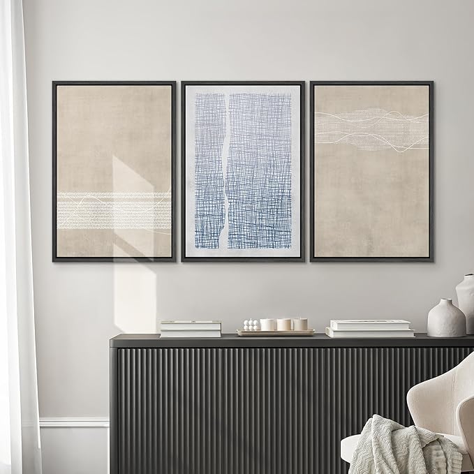 SIGNWIN Framed Canvas Print Wall Art Set Tan Blue Geometric Landscape Abstract Shapes Cozy Neutral Modern Art Decorative Boho Relax Nordic for Living Room, Bedroom, Office - 24"x36"x3 Black