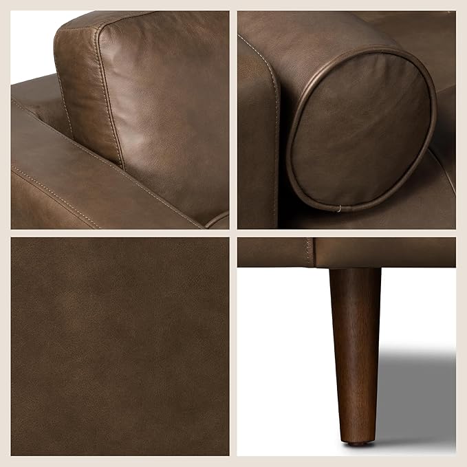 Poly & BARK Napa 88.5" Sofa – Cocoa Brown Full-Grain Pure-Aniline Italian Leather, Feather-Down Cushioning, Kiln-Dried Solid Wood Frame, Walnut Legs