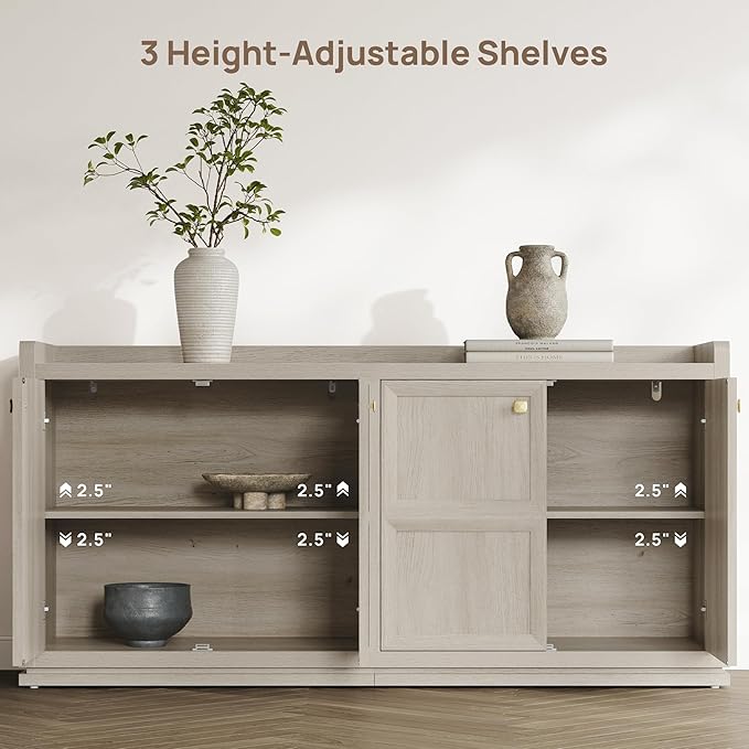 SICOTAS 61.7" Wide 4-Door Buffet Cabinet, Extra Long Sideboard with 2 Separate Bays & Adjustable Shelves, Modern Credenza Storage Cabinet with Gold Handle for Kitchen Living Room, Grey White Oak,1 PCS