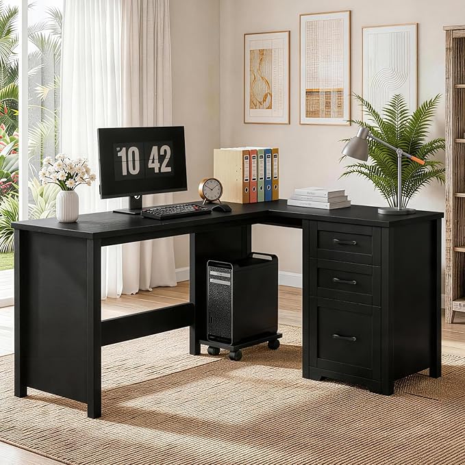 Vabches 61”Farmhouse L Shaped Executive Desk with File Drawers, Corner Computer Desk with Mobile CPU Stand, Wood Writing Computer Desk for Work, Study.Pure Black