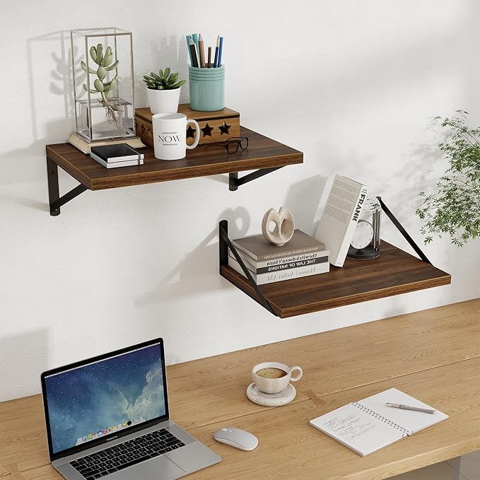 Floating Shelves, 12 Inch Deep Rustic Wood Wall Storage, 16W x 12D Wall Shelves Set of 2, Heavy Duty Metal Brackets, Large Industrial Book Shelf for Living Room, Kitchen, Bedroom, Walnut