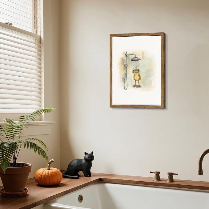 Framed Funny Frog Canvas Wall Art, Cute Frog Showering in Bathroom Canvas Prints, Whimsical Watercolor Cartoon Painting, Modern Minimalist Wall Decor for Bathroom Toilet Washroom 16x24in