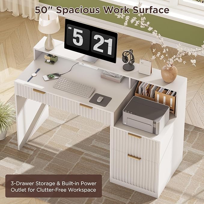 Vabches Fluted Computer Desk with Power Outlets, Home Office Desk with Drawers, Printer Stand, Wood Computer Desk with Long Monitor Stand, White
