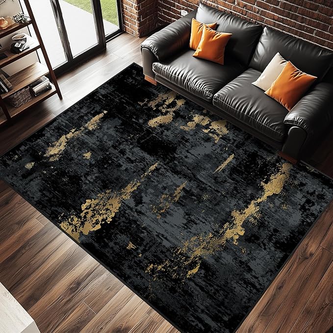Washable Area Rugs 5'x7' Non-Slip Modern Abstract Soft for Living Room Entryway Bedroom Nursery, Print Pattern, Dark Black Gold