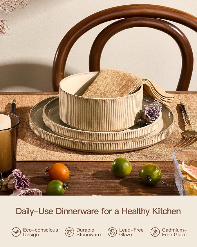 24-Piece Dinnerware Set Service for 8, Famiware Premium Stoneware Dish Set with Ribbed Plates and Deep Bowls, Double Reactive Glaze, Chip & Scratch Resistant, Microwave & Dishwasher Safe, Cream