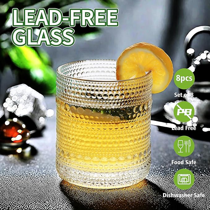Vintage Hobnail Driinking Glasses Set, Glassware Drinking Set of 8, 12 oz Highball Glasses & 10 oz Cocktail Glasses, Tumbler Glasses for Cocktails, Whiskey, Juice, Milk, Clear