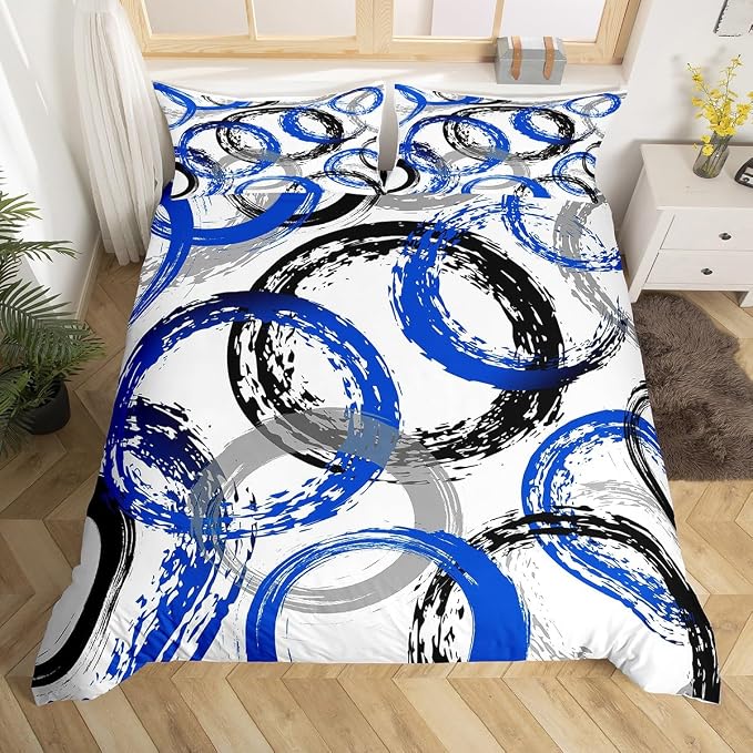 Geometric Circle Duvet Cover Set Queen Size,Abstract Retro Striped Swirls Bedding Set,Boys Girls Room Decor,Graffiti Aesthetic Stripes Comforter Cover,Blue White Quilt Cover,2 Pillowcases(No Filler)