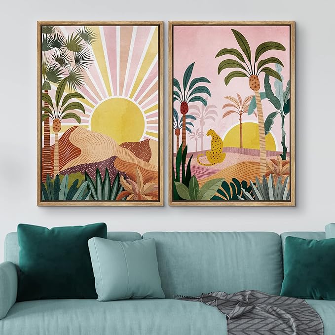 IDEA4WALL Framed Canvas Print Wall Art Set Sunlight Over Tropical Jungle Cheetah Cat Nature Wilderness Digital Art Modern Art Decorative Animals for Living Room, Bedroom, Office - 16"x24"x2 Natural