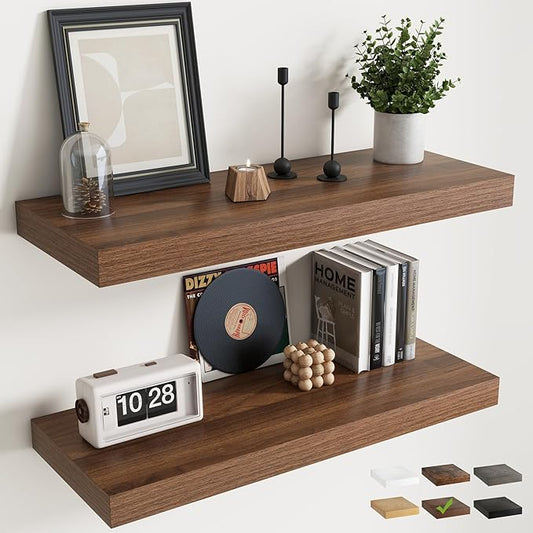 36 Inch Floating Shelves for Wall Set of 2, 12"D Wood Grain Bathroom Shelves with Invisible Brackets, Easy Install Engineered Wood Storage Shelves for Kitchen, Living Room, Bedroom, Walnut Finish