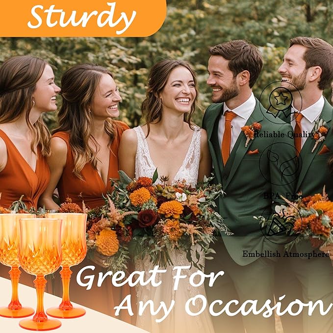 Plastic Wine Glasses, Plastic Goblets Vintage Style Cordial Drinking Glasses for Valentine’s Day, Wedding Reception, Grand Event Party Supplies (48, Pumpkin orange)