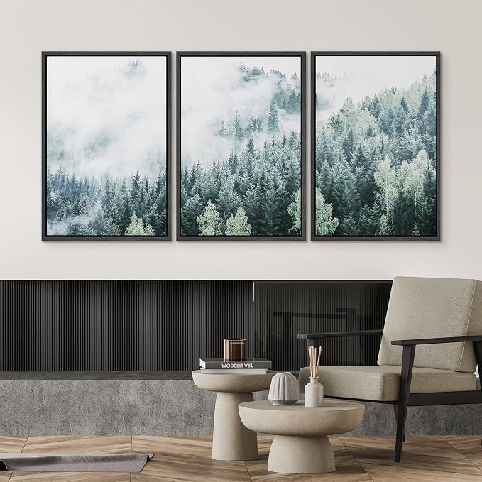 SIGNWIN Framed Canvas Print Wall Art Set Aerial View Foggy Mountain Forest Nature Wilderness Photography Modern Art Rustic Landscape Relax/Calm for Living Room, Bedroom, Office - 16"x24"x3 Black