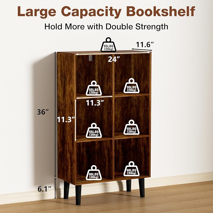 6 Cube Bookcase, Wooden Book Shelf Cube Storage Organizer with Legs, 3 Tier Bookshelf Freestanding Open Shelves for Bedroom, Living Room and Home Office (Brown, 6 Cube Vertical)