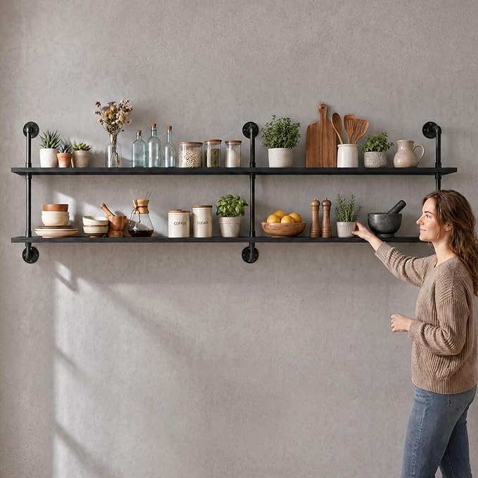 HDDFER Floating Shelves Wall Bookshelf Industrial Pipe Shelving Shelves Real Wood Planks 70 inch Rustic Wall Shelves Hanging Bookshelves Farmhouse Kitchen Bar Shelving