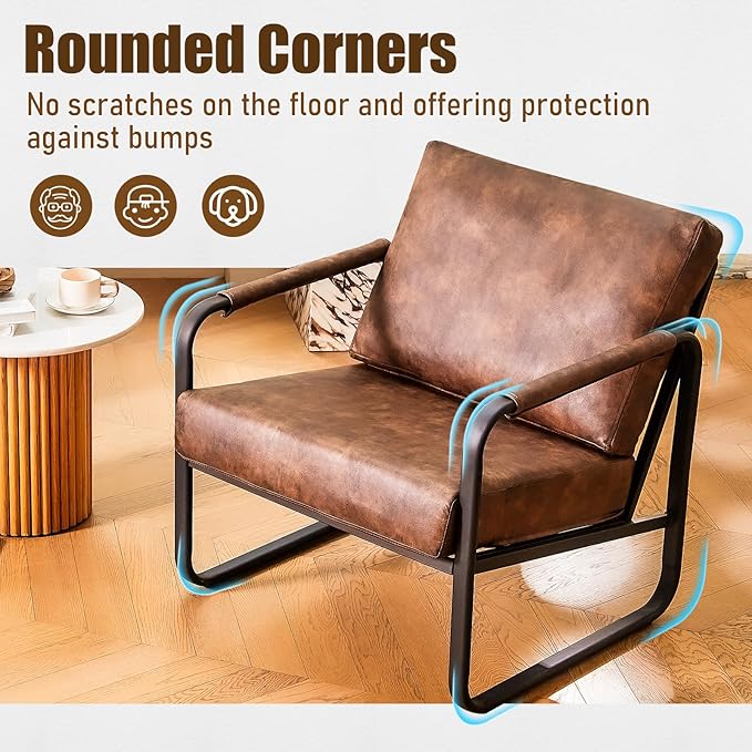 PrimeZone Mid-Century Modern Accent Chair - Comfy Faux Leather Living Room Chair, Lounge Armchair with Extra Soft Padded & Cushion, Ergonomic Accent Chair for Bedroom Office Waiting Room, Brown