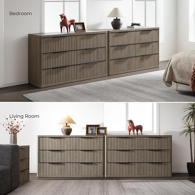 SICOTAS Dresser for Bedroom 53.5" Wide 6 Drawer Dressers & Chests of Drawers for Closet Long Large Modern TV Stand Set for Clothes Storage Fluted Clothes Closet for Hallway Entryway, Grey Alder