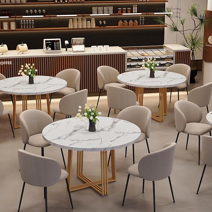 Round Dining Table for 4, 43.3-Inch Faux Marble Kitchen Table, Modern Circle Dinner Table with Metal Base for Dining Room, Kitchen, Breakfast Nook, Apartment, Small Spaces, White and Gold