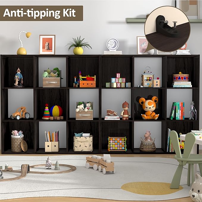 PrimeZone Stackable 9 Cube Storage Organizer: Wood Cubes Shelf Fits Cubby Bins - Square Cubicle Bookshelf Cabinet for Closet Bedroom - Open Storage Shelf for Toy Clothes Book Organization, Espresso