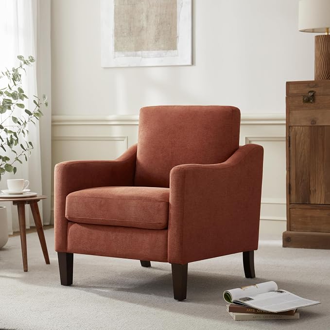 VKNOW Mid Century Modern Accent Chair, Upholstered Living Room Chairs Armchair for Bedroom, Comfy Reading Accent Chairs with Wood Legs for Living Room (2, Orange)