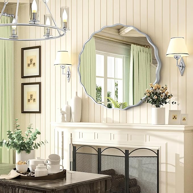 Silver Round Mirror for Wall, 24"x24" Decorative Wavy Bathroom Mirror with Brushed Alloy Steel Frame & Shatter-Proof Glass, Hanging Circle Wall Mirrors for Bathroom, Entryway, Bedroom