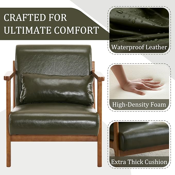 Accent Chair and Ottoman Set, Mid-Century Modern Faux Leather Upholstered Lounge Armchair with Pillow, Solid Wood Frame & Comfortable Cushion for Living Room, Bedroom, Balcony, Green