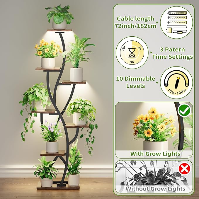 Plant Stand Indoor with Grow Lights - 58" Corner Plant Shelf Indoor, 7 Tiered Tall Lighted Plant Stand for Indoor Multiple Plants, Flower Stands Display Rack Holder for House, Patio, Black
