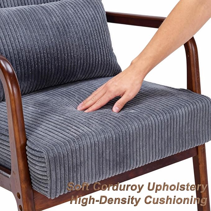 Mid Century Modern Accent Chair with Solid Rubber Wood Frame, Comfy Corduroy Reading Armchair with Lumbar Pillow, 350 LBS Heavy Duty Lounge Chair for Bedroom, Living Room & Small Spaces