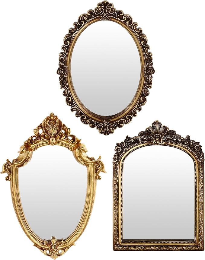 Wonderjune 3 Pcs Vintage Gold Mirror Set Wall Decorative, 8-15in Vintage Wall Mirror Hanging Antique Hanging with Stand for Living Room Home Wedding Decor(Classic Style, 13in/12in/10in)