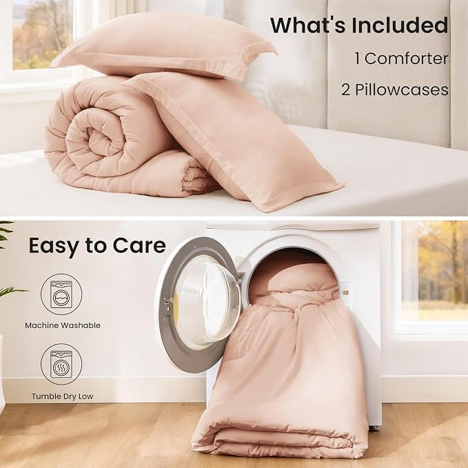 Love's cabin Pink King Size Comforter Set, 3-Piece Prewashed Bed Set with 1 Comforter (104 x 90 in) & 2 Pillowcases, Lightweight & Breathable for All Seasons