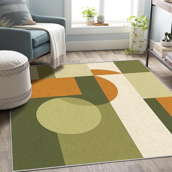 Mid Century Rug 6x8, Washable Modern Geometric Rugs for Living Room Bedroom, Minimalist Area Rug for Home Decor, Non Slip Backing Floor Carpet with Gripper - 6 x 8 ft