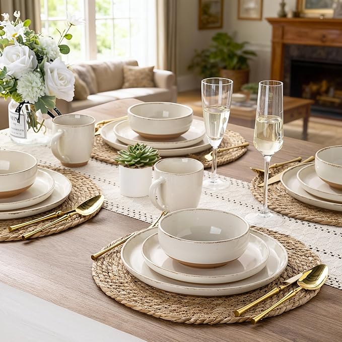AmorArc Ceramic Dinnerware Sets with Pasta Bowls for 4, Handpainted Plates and Bowls Set with Rustic Terracotta Underside, Scratch Resistant Dishes Set, Dishwasher & Microwave Safe, 16 Pcs