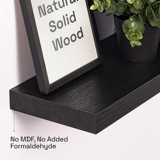 BAOBAB WORKSHOP Solid Wood Floating Shelves for Wall 30 Inches Long, Real Wooden Bathroom Shelf Large, Heavy Duty Wall Shelves Mounted Kitchen Bedroom, Black Shelf, 30W × 6.7D, Set of 2