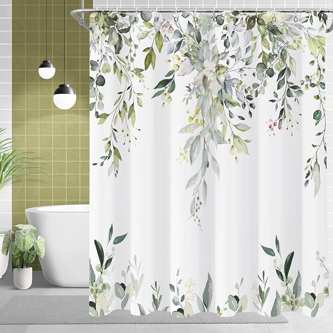 Sage Green Eucalyptus Extra Long Shower Curtain, Watercolor Leaves Plant Spring Floral Waterproof Fabric Machine Washable with Hooks for Bathroom Bathtub Decor 72Wx78H