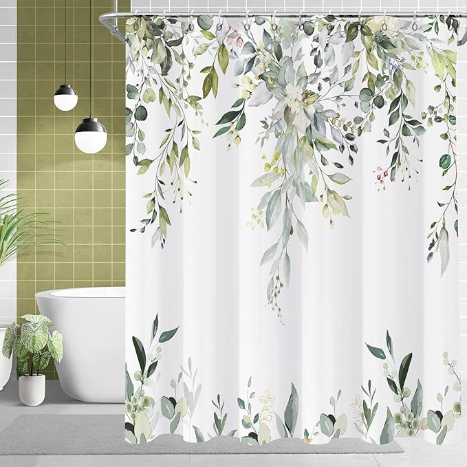 Sage Green Eucalyptus Shower Curtain, Watercolor Leaves Plant Spring Floral Waterproof Fabric Machine Washable with Hooks for Bathroom Bathtub Decor 60Wx72H