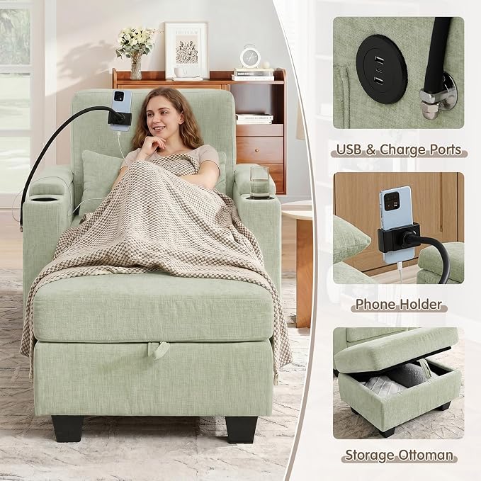 Small Chaise Lounge Chair Indoor with Ottoman&Adjustable Backrest,Chenille Tufted Recliner Comfy Sofa Chair with USB,Phone Holder&Storage Arms,Convertible Sleeper Couch Bed for Living Room(37"W,Cyan)
