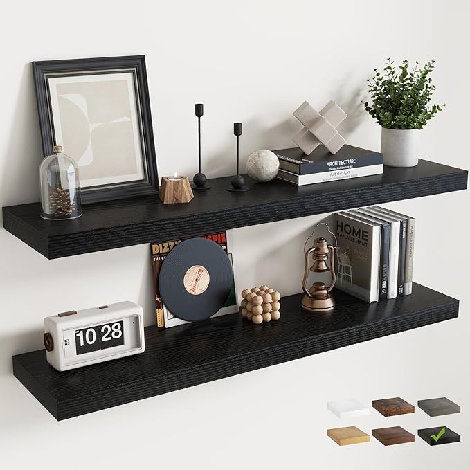 Floating Shelves for Wall with Invisible Brackets, Wall Mounted Engineered Wood Shelves with Wood Grain for Living Room, Bedroom, Bathroom, Kitchen Decor and Storage, Oak, 48"L Set of 2, Black