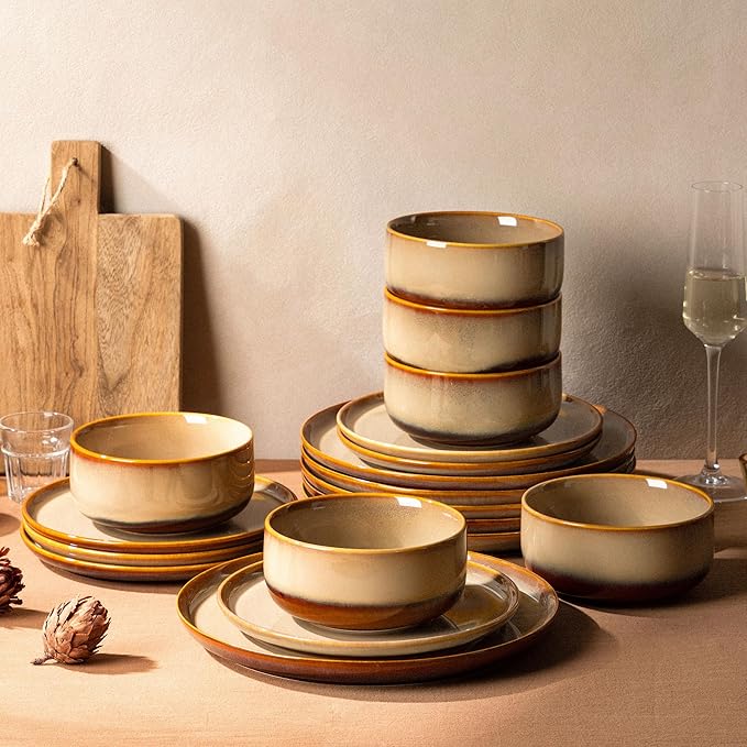 TheTerra Ceramic Dinnerware Sets for 6, 18 Pieces Handmade Reactive Glaze Plates and Bowls Set, Scratch Resistant Dish Set, Oven & Microwave & Dishwasher Safe, Creamy Amber
