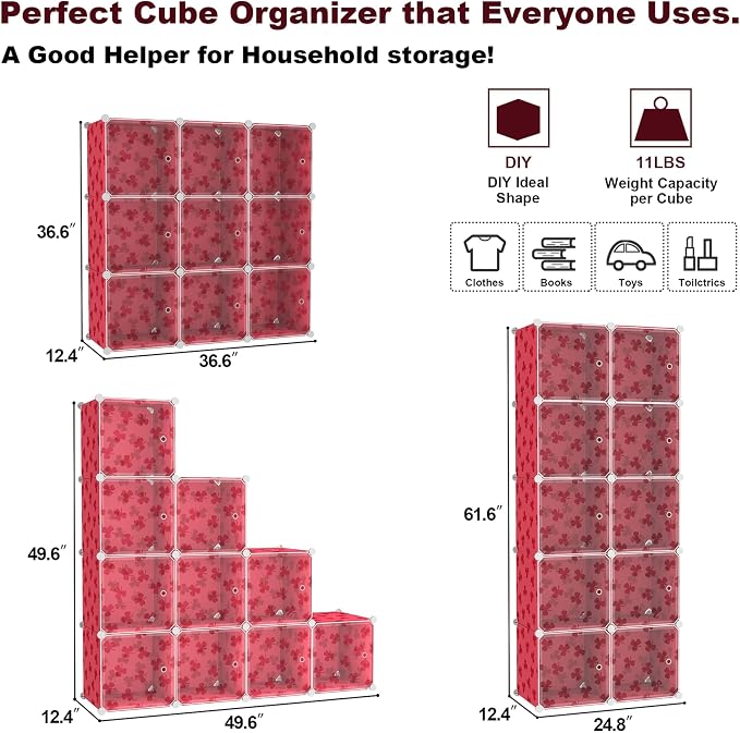 C&AHOME Cube Storage Organizer with Doors, 10-Cube Shelves, DIY Plastic Modular Bookshelf, Closet Clothes Storage Shelving Ideal for Bedroom, Living Room, Clover Embossed, Red