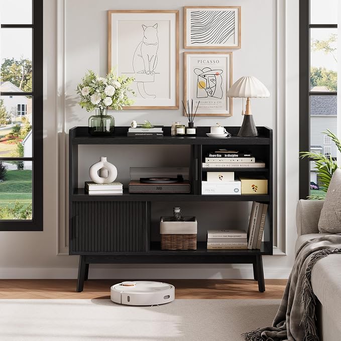 Mid-Century Modern Buffet Sideboard Cabinet with Outlet, 44" Sideboard Buffet Cabinet with Sliding Door & Adjustable Shelves, Fluted Accent Coffee Bar Console Table with Wooden Feet (Black)