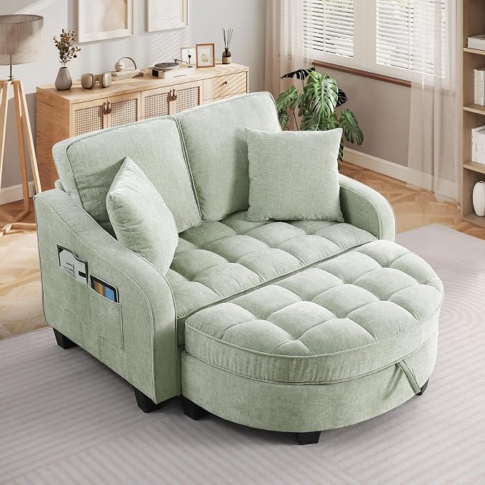 Oversized Chaise Lounge Chair Indoor with Ottoman, Chenille Tufted Comfy Loveseat Sofa Chair with Adjustable Backrest, Fluffy Recliner Sofa, Convertible Sleeper Couch Bed for Living Room(51"W, Beige)