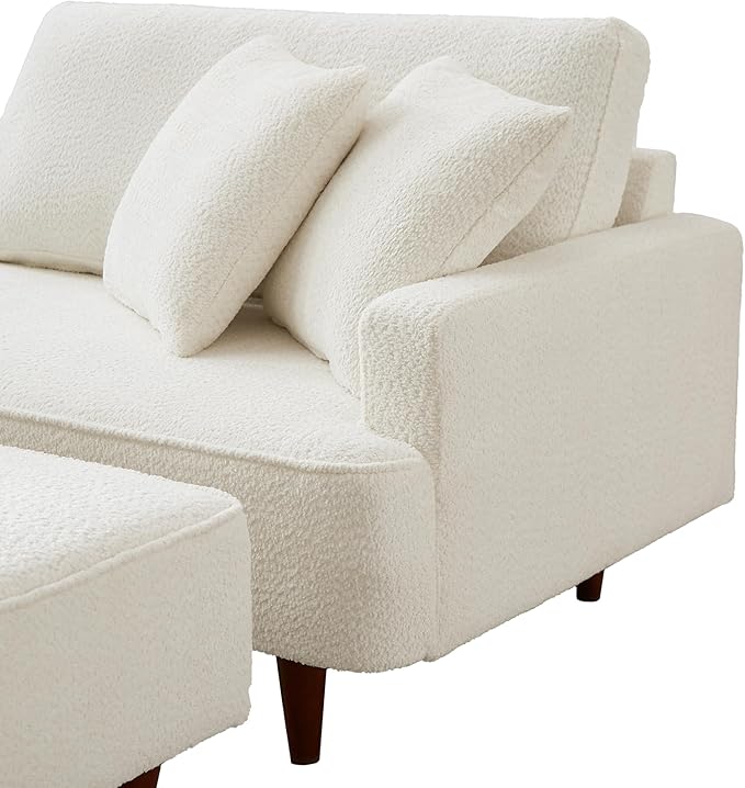 GDFStudio Upholstered Chaise Lounge Chair Indoor with Ottoman, Boucle Fabric Chaise Chair with 2 Throw Pillows and Solid Wood Legs, Recliner Lounge Chair for Office Living Room Bedroom, White