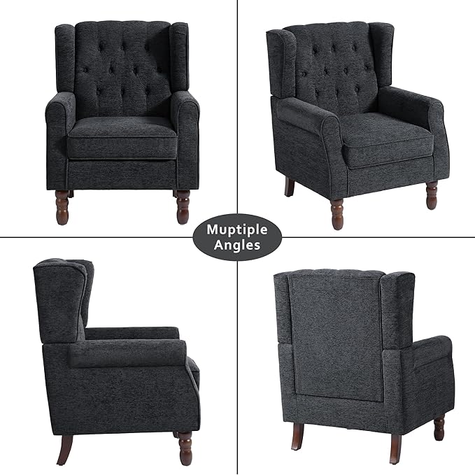 Accent Chairs Set of 2, High Back Upholstered Chair with Button Tufted, Mid-Century Modern Comfy Wingback Chair Reading Armchair in Fabric for Living Room for Bedroom, Office-Black Blue