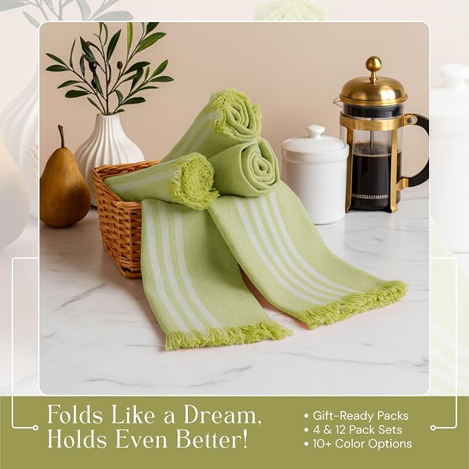 Stripe Tea Towels 4 Pack, 16x26 Inches, Dish Towels for Kitchen Drying, Reusable Rags, Absorbent and Washable Cloths, Cleaning Towels for Dishes and Everyday Use - Lemon Green