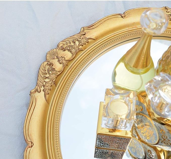Vintage Carved Decorative Wall Mirror, Hanging Mirror for Dresser Decor Bedroom Living-Room, Cosmetics Jewelry Dresser Organizer Tray (15”x 13.4”) (Golden-Oval)