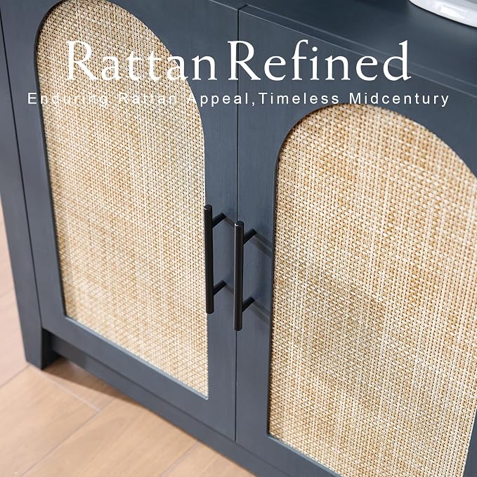 RowyPoey Rattan Arched Cabinet Bookshelf - 69.3” Tall Mid Century Display Cabinet, Rounded Bookcase with Rattan Doors, Open Shelf Storage for Dining Room (Blue, 1 PC)