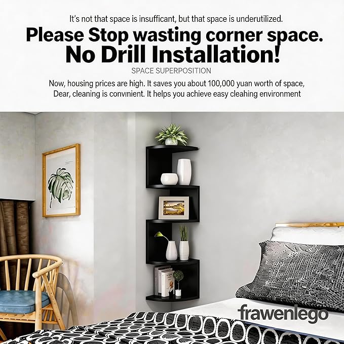 No-Drill Corner Shelf Wall Mount, 5-Tier Floating Corner Bookshelf with Hooks, Space-Saving Zigzag Plant Shelf for Bedroom, Living Room, Bathroom, Home Office（Black）