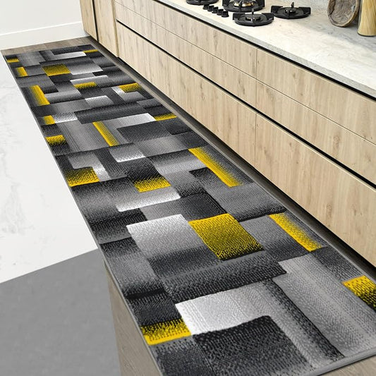 HR Runner Rug in Orangish Yellow - Premium Quality Orangish Yellow/Black/Gray Abstract Geometric Modern Squares Pattern Area Rug - Contemporary Styling for Hallway Entryway