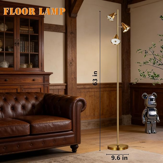 Floor Lamp with 3 Rotatable LED Lights，Magnetic Remote，and 5 Color Temperatures