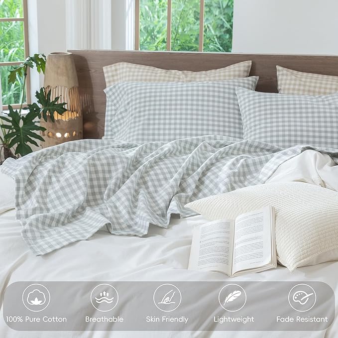 MooMee Gingham Sheet Set 100% Washed Cotton Linen Like Textured Breathable Soft w/Fully Elasticized 16-19" Deep Pocket (Classic Gingham Northern Droplet Grey, King)