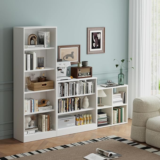 IRONMIX White Cube Storage Organizer with 4 Storage Basket, Metal Short Bookshelf with Storage, 2 Tier Horizontal Bookshelf, Small Cube Bookcase for Home Office Library (White, 700+1037 with Basket)