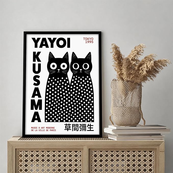 Black and White Cute Abstract Cat Wall Art Japanese Yayoi Kusama Canvas Poster 12X16 inch Black Framed Modern Fashion Minimalist Painting for Living Room Wall Decor Cat Lover Gifts